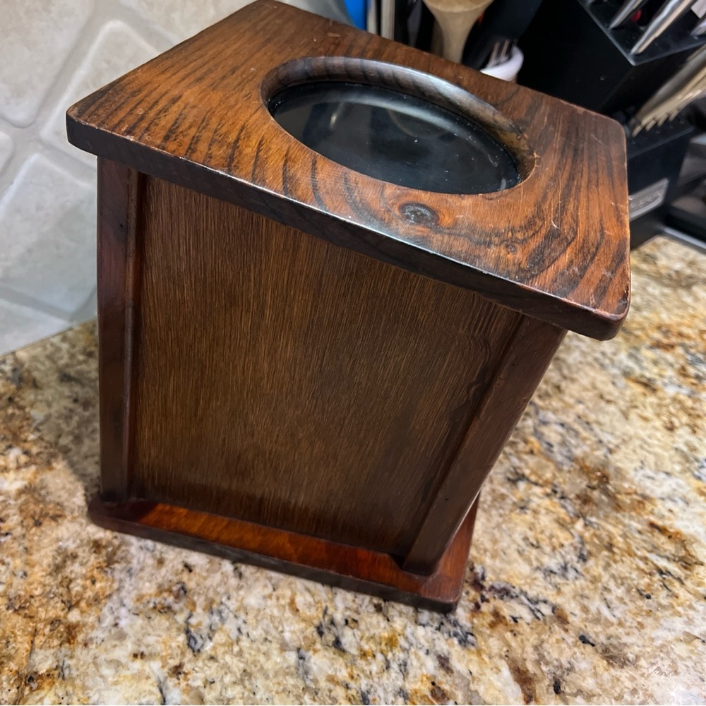 VTG Handmade Wood Canister Hinged Lid Plastic Insert Bin Slanted View Hole FOOD - Picture 10 of 10